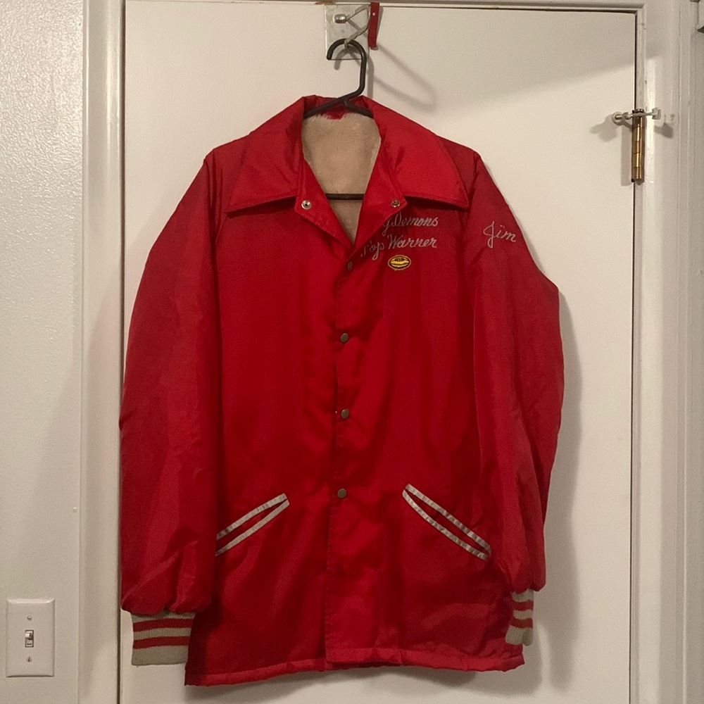 Vintage “Derry Demons” football jacket with a faux fur lining.